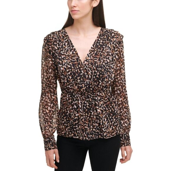DKNY Womens Faux Wrap Sheer Blouse Top Leopard Print Black Tan Size Small - Picture 1 of 3
